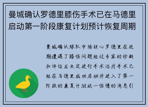 曼城确认罗德里膝伤手术已在马德里启动第一阶段康复计划预计恢复周期受关注 曼城确认罗德里膝伤手术已在马德里启动第一阶段康复计划预计恢复周期受关注